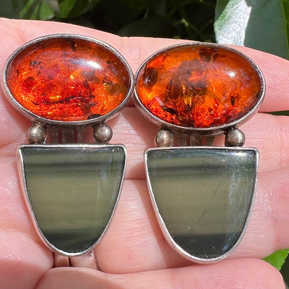 JEFF KOHNFELDER OBSIDIAN STERLING SILVER AMBER OVERSIZED STATEMENT EARRINGS